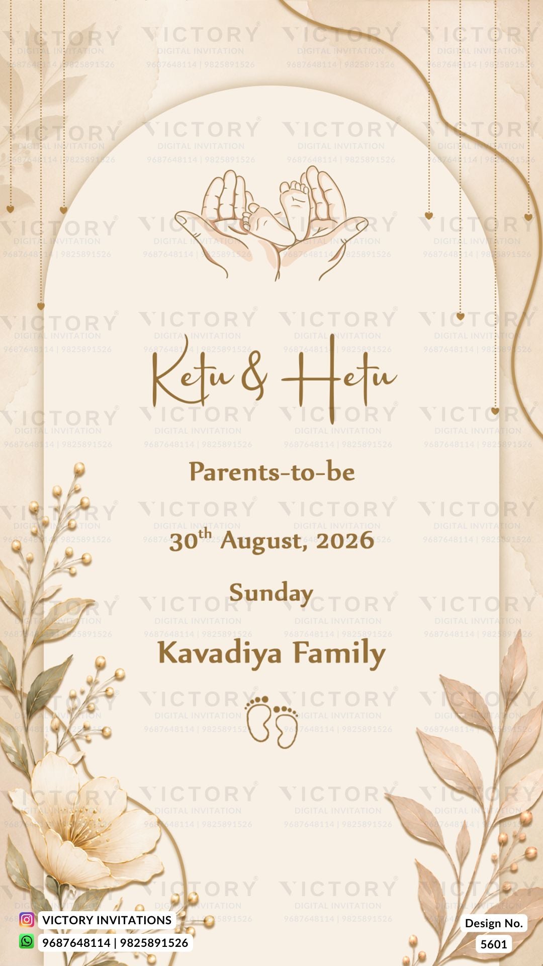 A digital invitation card design for a Ketu & Hetu ceremony, featuring elegant gold typography on a warm cream background with floral illustrations and a central arch motif. The text reads 'Ketu & Hetu', 'Parents-to-be', '30th August, 2026', 'Sunday', and 'Kavadiya Family'.