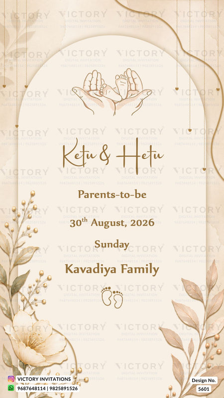 A digital invitation card design for a Ketu & Hetu ceremony, featuring elegant gold typography on a warm cream background with floral illustrations and a central arch motif. The text reads 'Ketu & Hetu', 'Parents-to-be', '30th August, 2026', 'Sunday', and 'Kavadiya Family'.