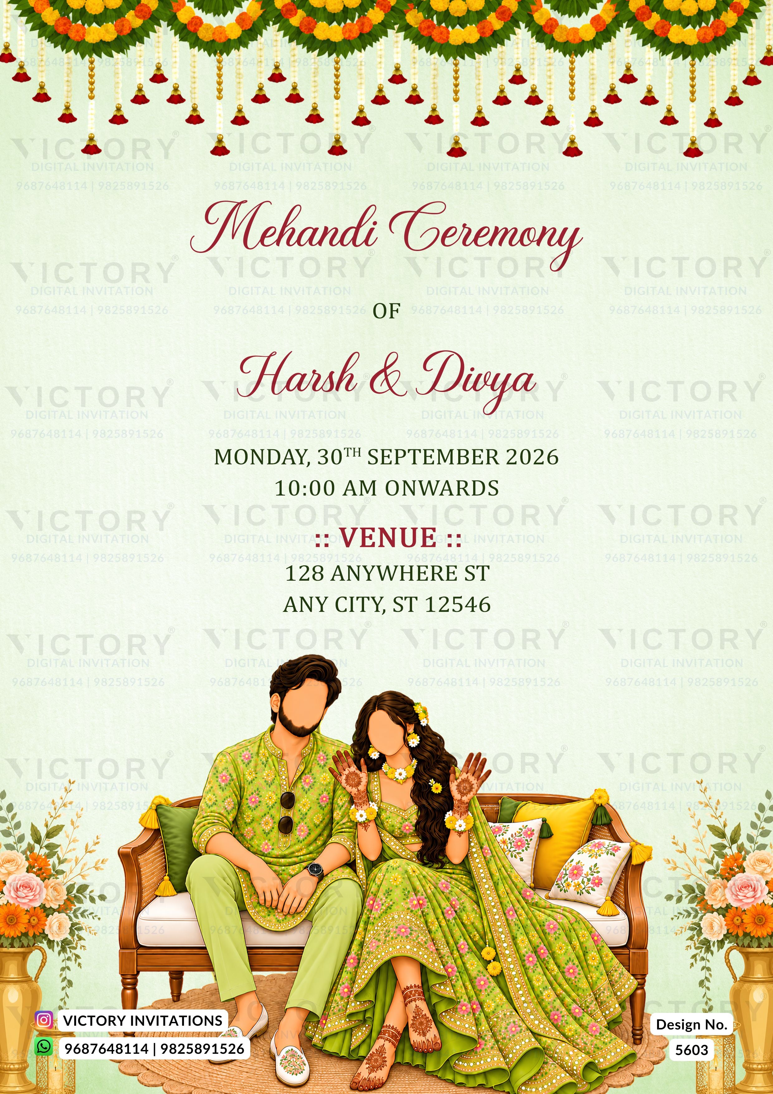 A digital Mehndi ceremony invitation card featuring a traditional Indian illustration of a couple in green traditional clothing sitting on a wooden sofa. The top of the card has a decorative garland border, and the center contains event details in black and maroon text on a light cream background.