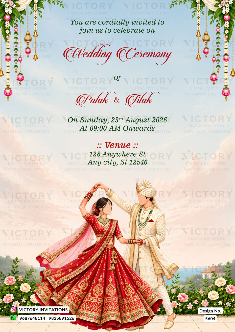 A traditional Indian wedding invitation card featuring a couple in ornate red and cream traditional attire dancing under hanging floral ornaments. The text details the wedding ceremony of Rahul and Riya, with the brand name 'VICTORY INVITATIONS' watermarked across the image.