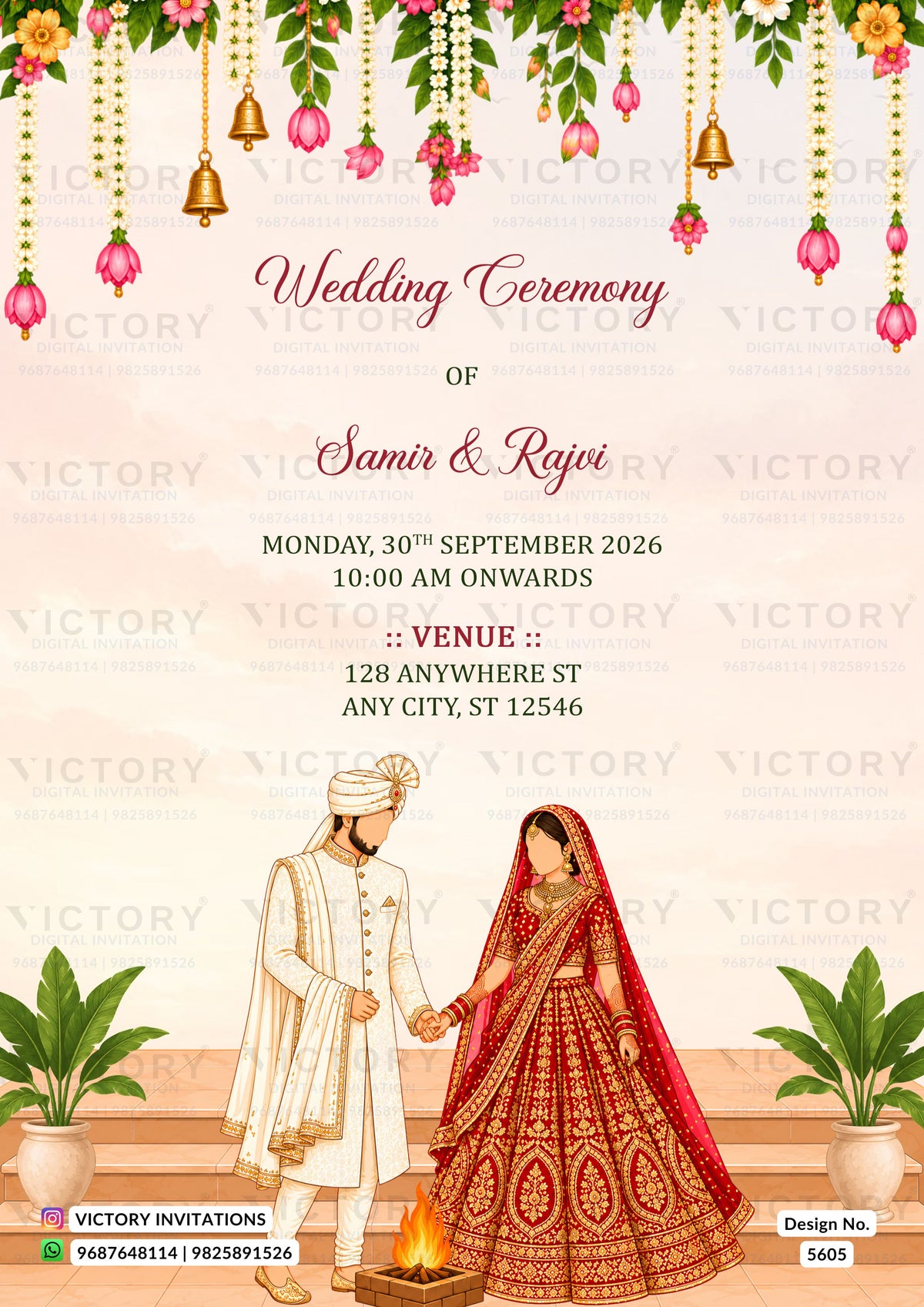 A digital wedding invitation card design featuring a traditional Indian wedding theme. The top section has hanging floral garlands, bells, and lanterns.
