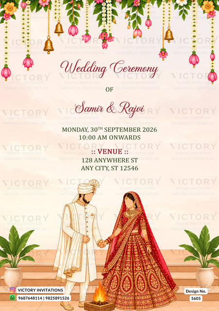 A digital wedding invitation card design featuring a traditional Indian wedding theme. The top section has hanging floral garlands, bells, and lanterns.