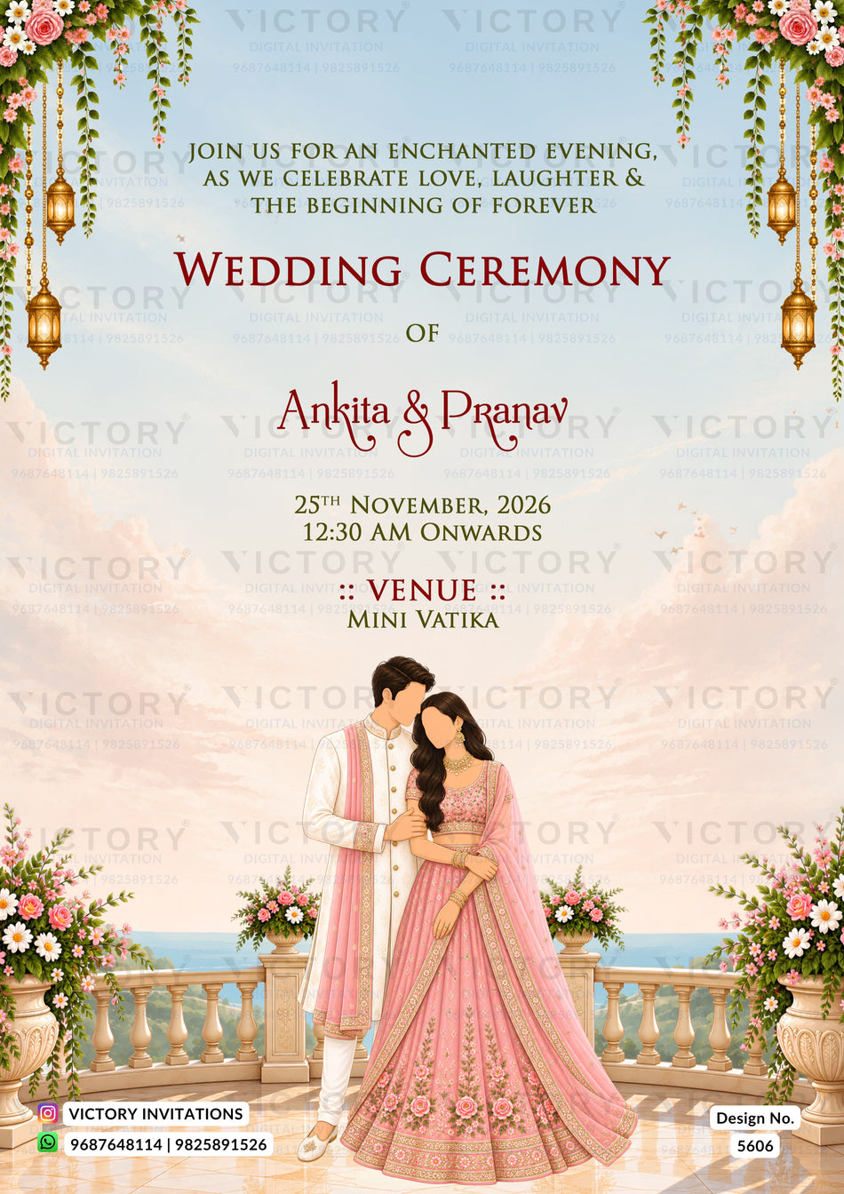 Wedding ceremony invitation card of hindu Romantic Pastel Floral Outdoor Wedding in english language with floral theme design 5606