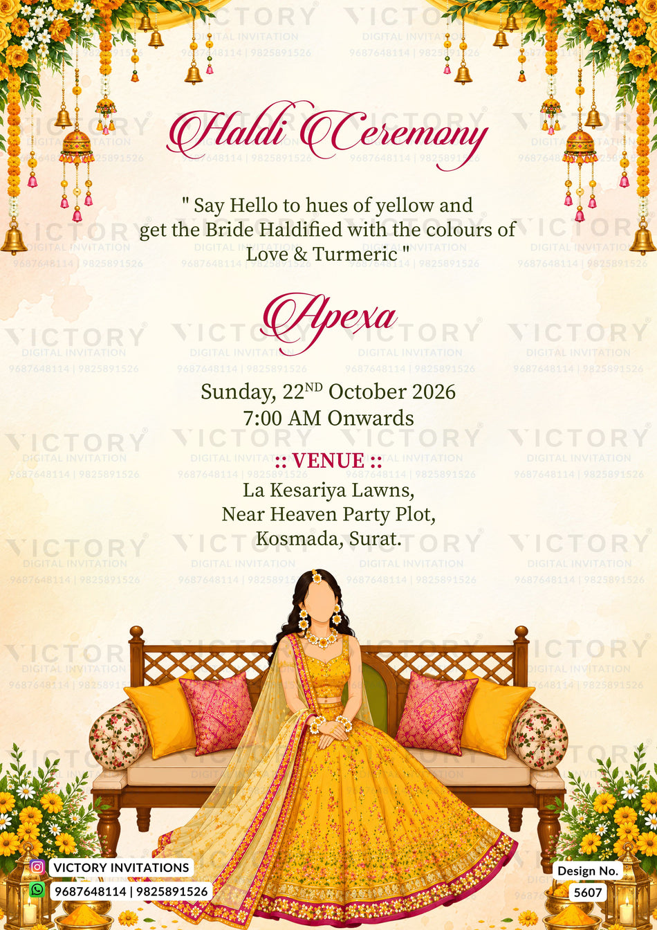 Haldi ceremony invitation card in english language with Vibrant Marigold & Sunshine Yellow Haldi Ceremony theme design 5607