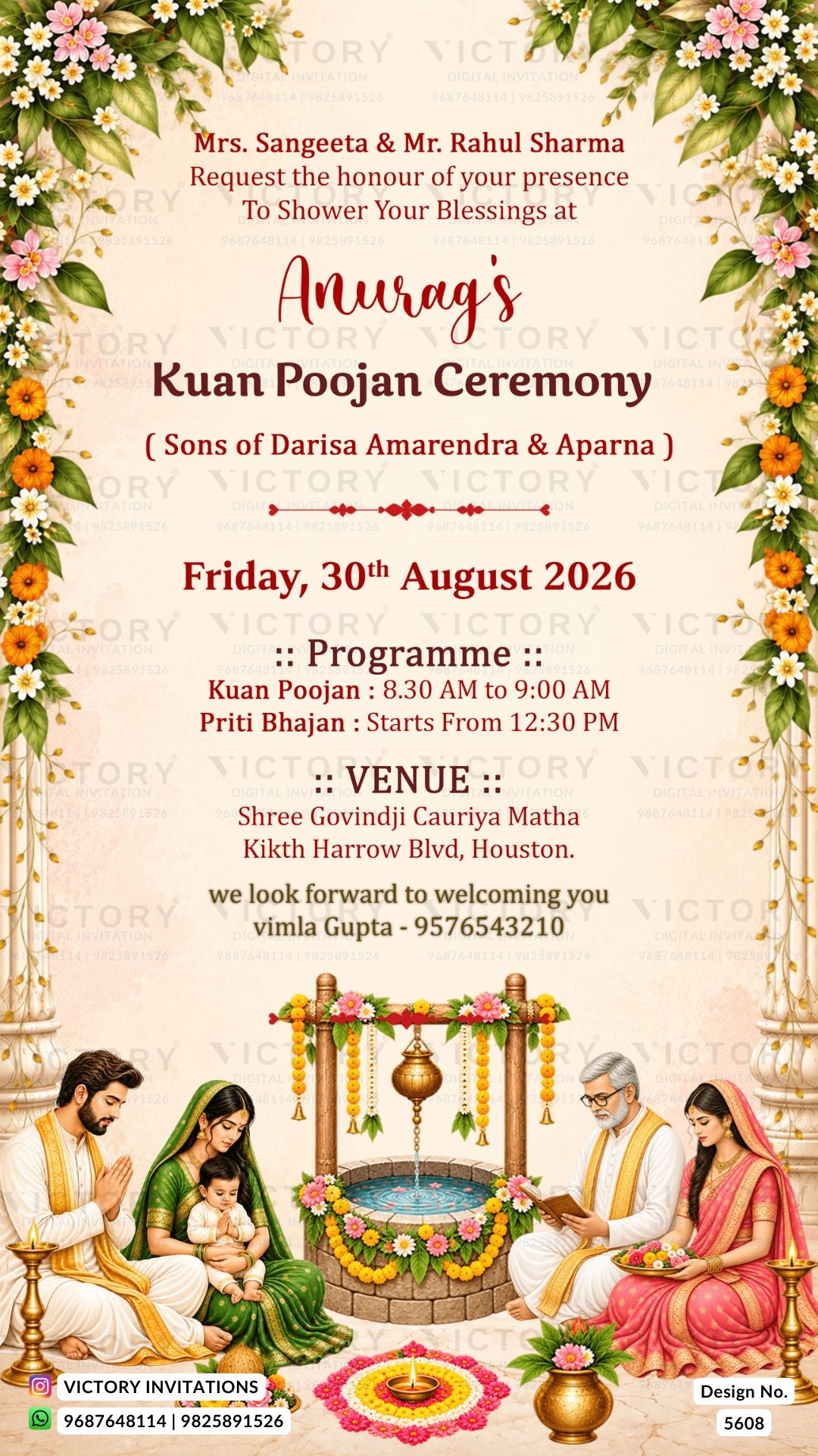 A digital invitation card for a Kuan Poojan Ceremony, featuring a traditional Indian wedding theme. The top half has a cream background with floral borders in orange, yellow, and green, and red text detailing the event.