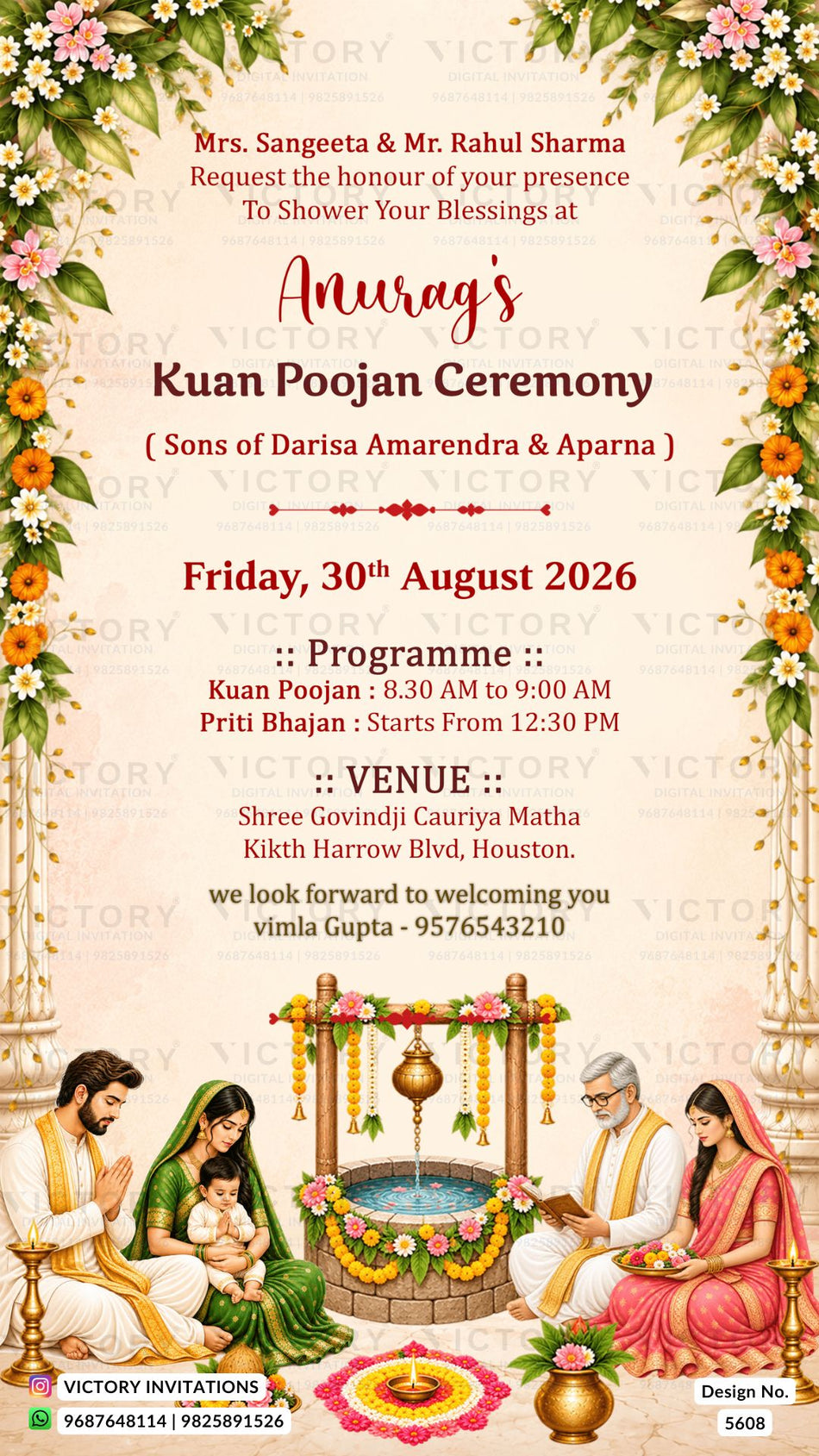 A digital invitation card for a Kuan Poojan Ceremony, featuring a traditional Indian wedding theme. The top half has a cream background with floral borders in orange, yellow, and green, and red text detailing the event.