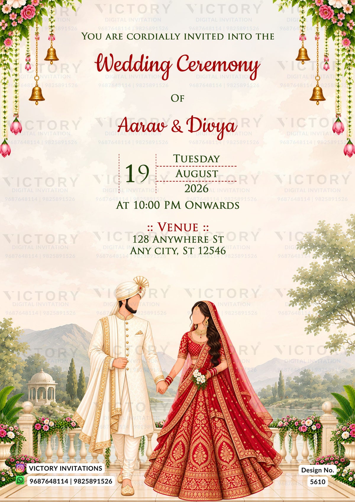 A traditional Indian wedding invitation card featuring an illustrated bride and groom in an outdoor garden setting. The top portion has elegant red and black text for the wedding details, with decorative floral garlands and hanging bells.