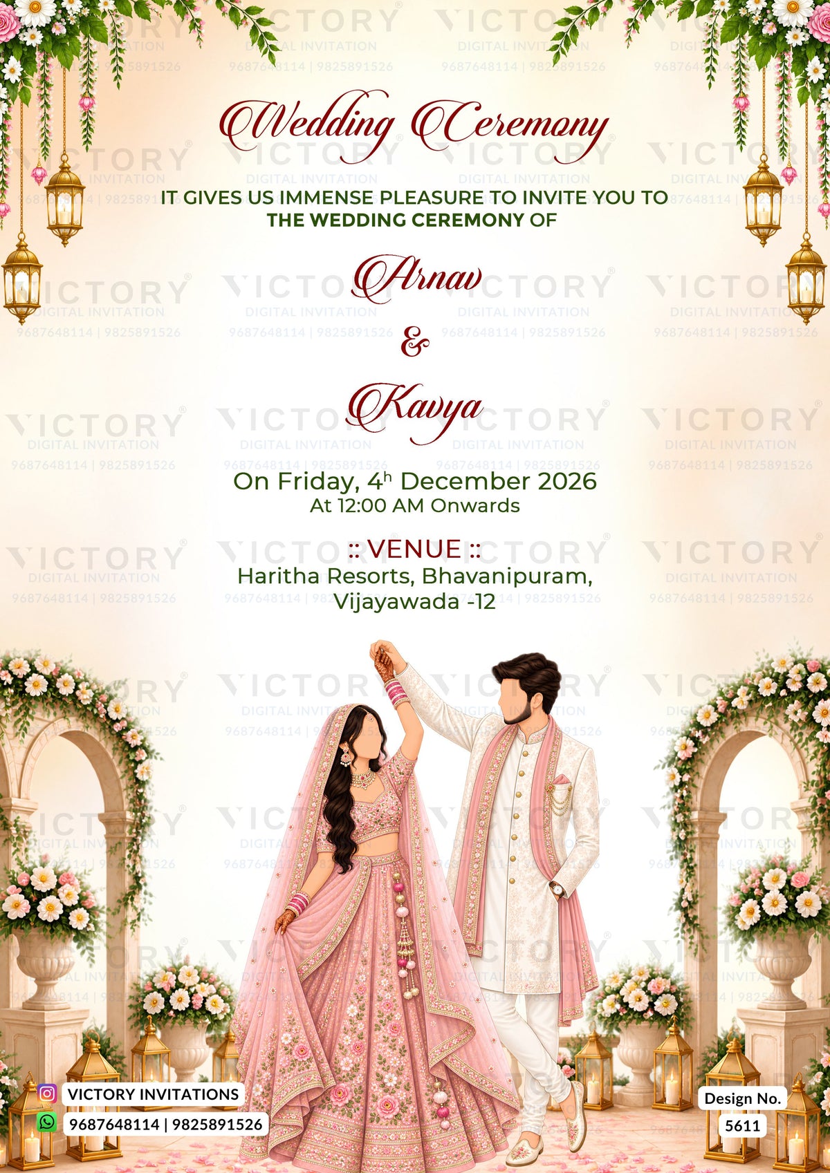 A digital wedding invitation card design featuring a bride and groom illustration under arches, with elegant text for a wedding ceremony on a cream background with floral and lantern decorations.