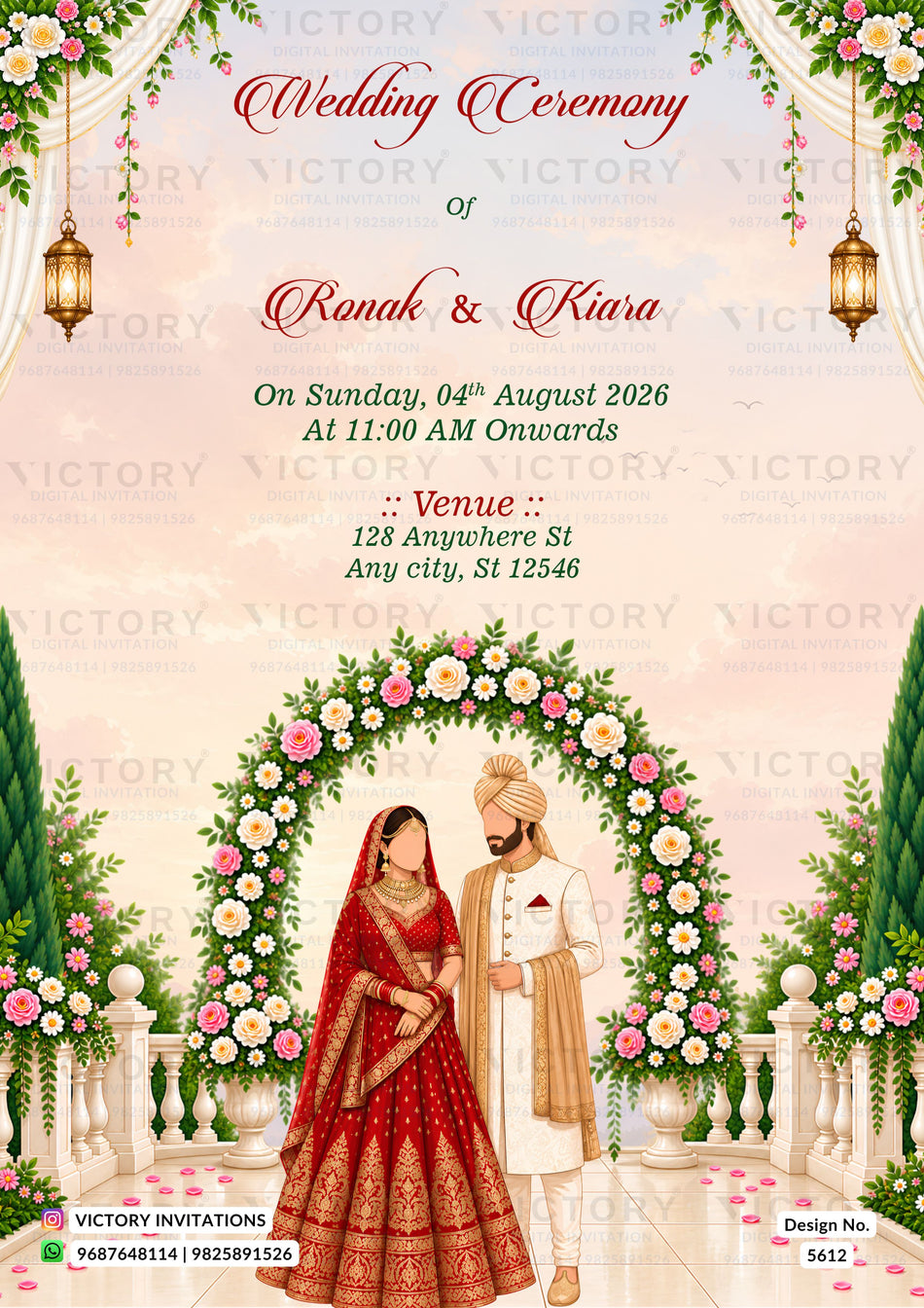 A digital wedding invitation card featuring an illustration of a bride in a red traditional dress and a groom in a white kurta, standing under a floral arch. The text details the wedding ceremony of Ranak & Kiara on Sunday, 04th August 2026, at 11:00 AM, with venue information listed below.