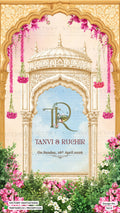 Ring Ceremony invitation card in gujarati language with Royal Sandstone Palace & Bougainvillea Grace theme design 5613