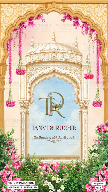 A decorative wedding invitation card featuring an ornate Indian-style archway illustration with pink floral garlands, green foliage, and a central blue sky motif. The text reads 'Tanvi & Ruchir' and 'On Sunday, 26th April 2026,' with a large monogram 'TR' and a peacock emblem.