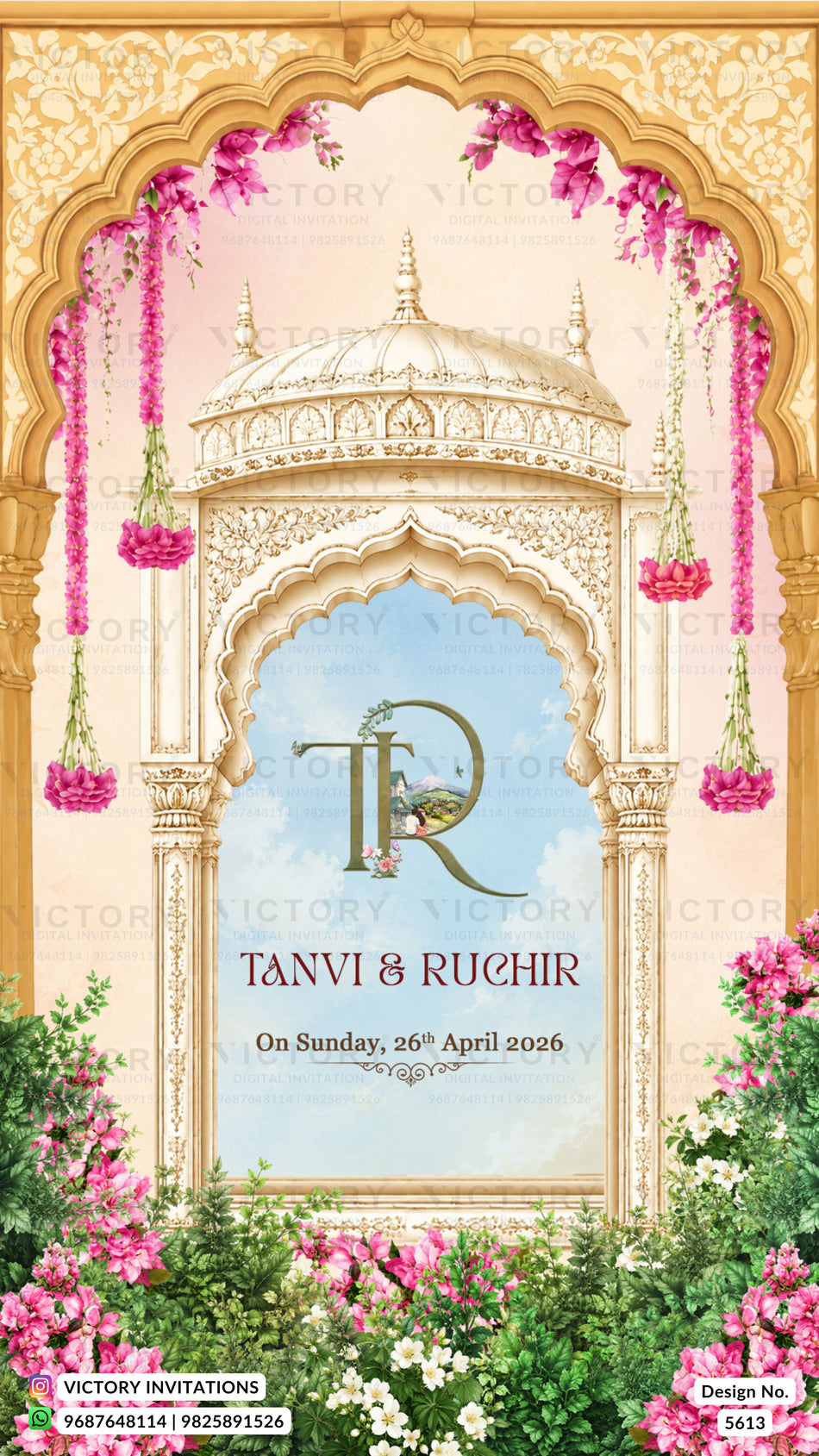 A decorative wedding invitation card featuring an ornate Indian-style archway illustration with pink floral garlands, green foliage, and a central blue sky motif. The text reads 'Tanvi & Ruchir' and 'On Sunday, 26th April 2026,' with a large monogram 'TR' and a peacock emblem.