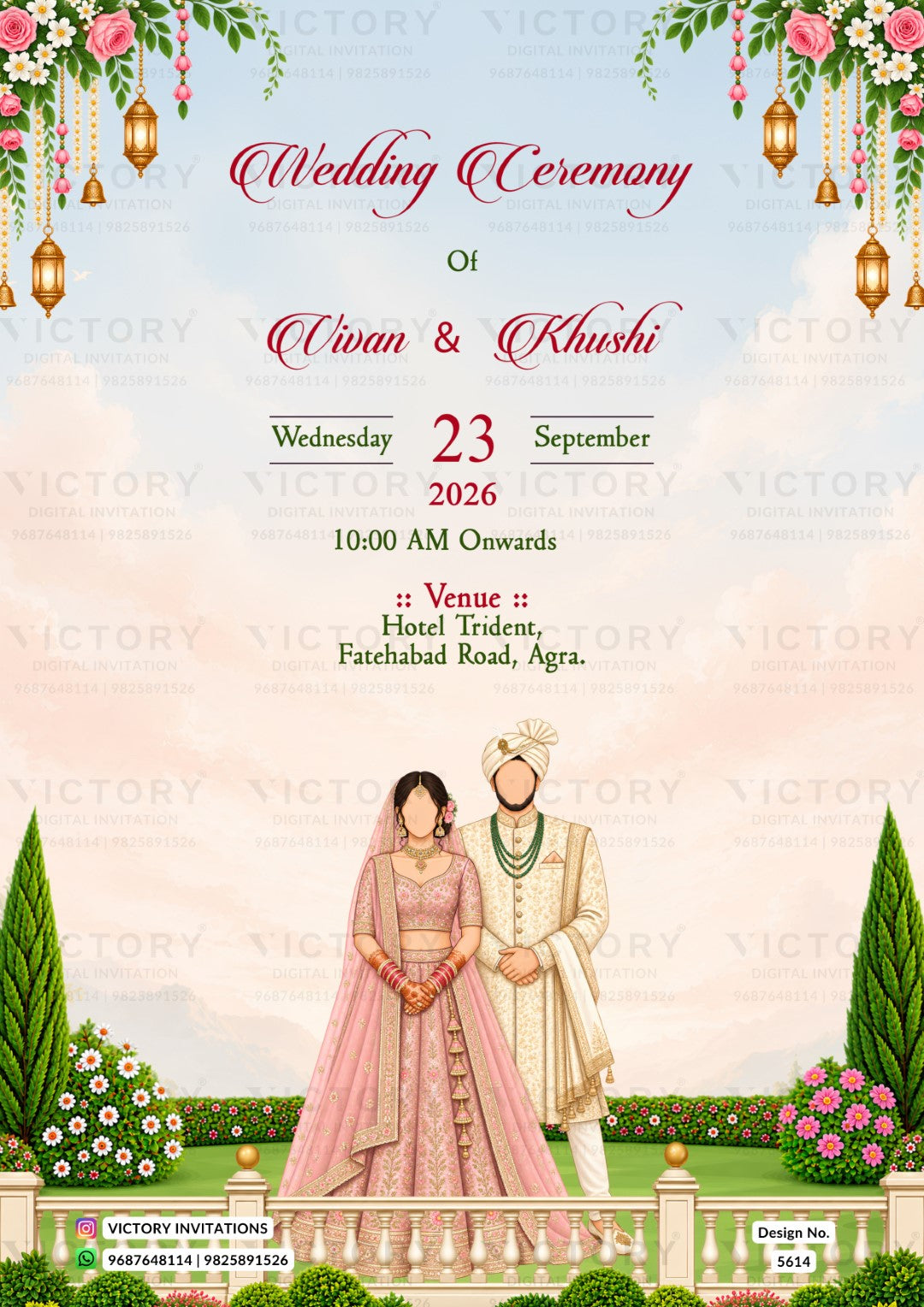 A digital preview of a wedding invitation card featuring an Indian wedding theme. The design includes a bride in a pink traditional outfit and a groom in a cream sherwani, standing in front of a garden backdrop.