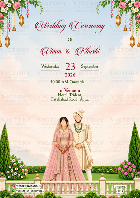 A digital preview of a wedding invitation card featuring an Indian wedding theme. The design includes a bride in a pink traditional outfit and a groom in a cream sherwani, standing in front of a garden backdrop.