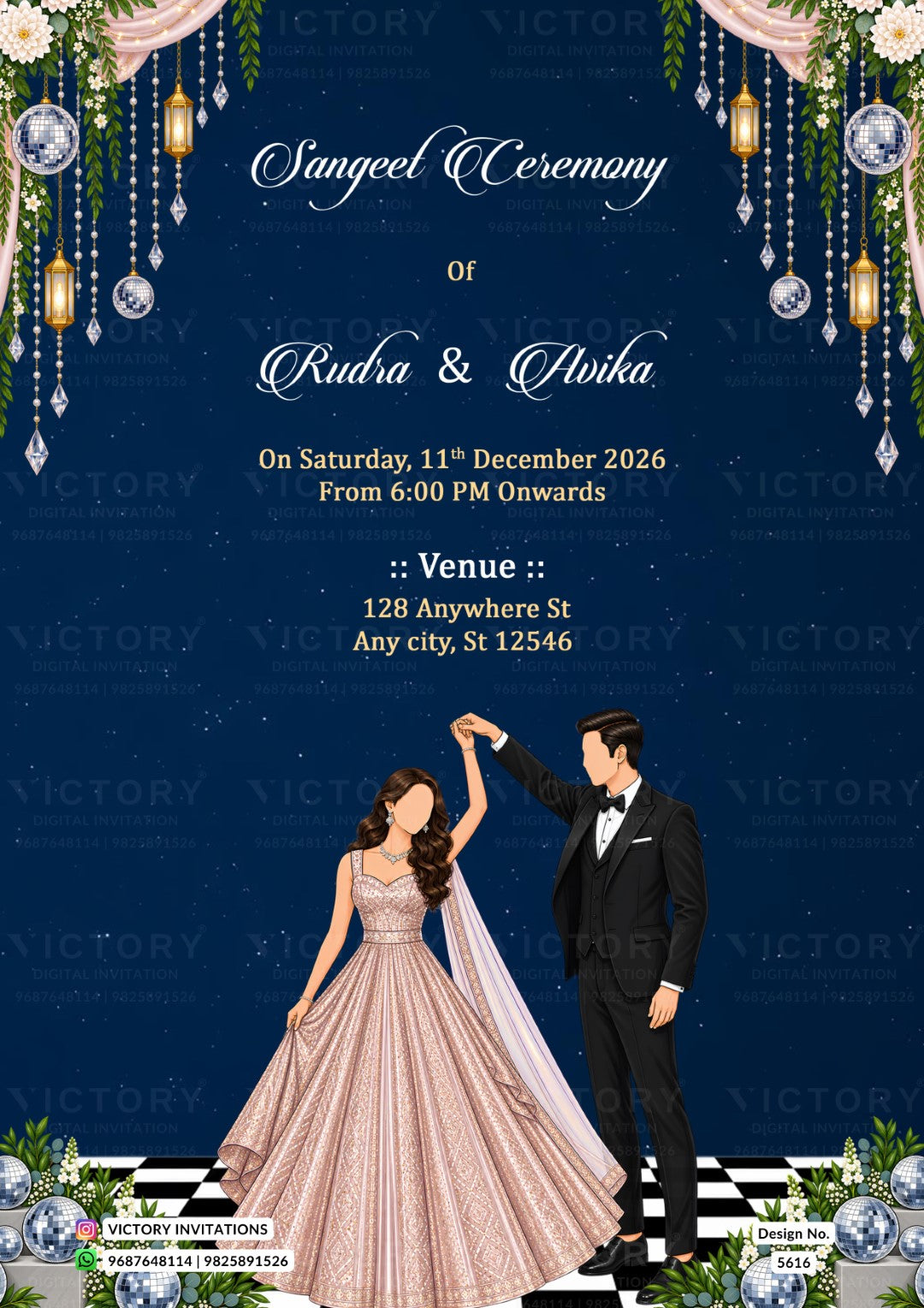 A digital invitation card for a Sangeet Ceremony of Kudra & Avika, featuring a dark blue starry background, elegant white and gold text, and an illustration of a bride in a pink gown and a groom in a black suit dancing at the bottom.