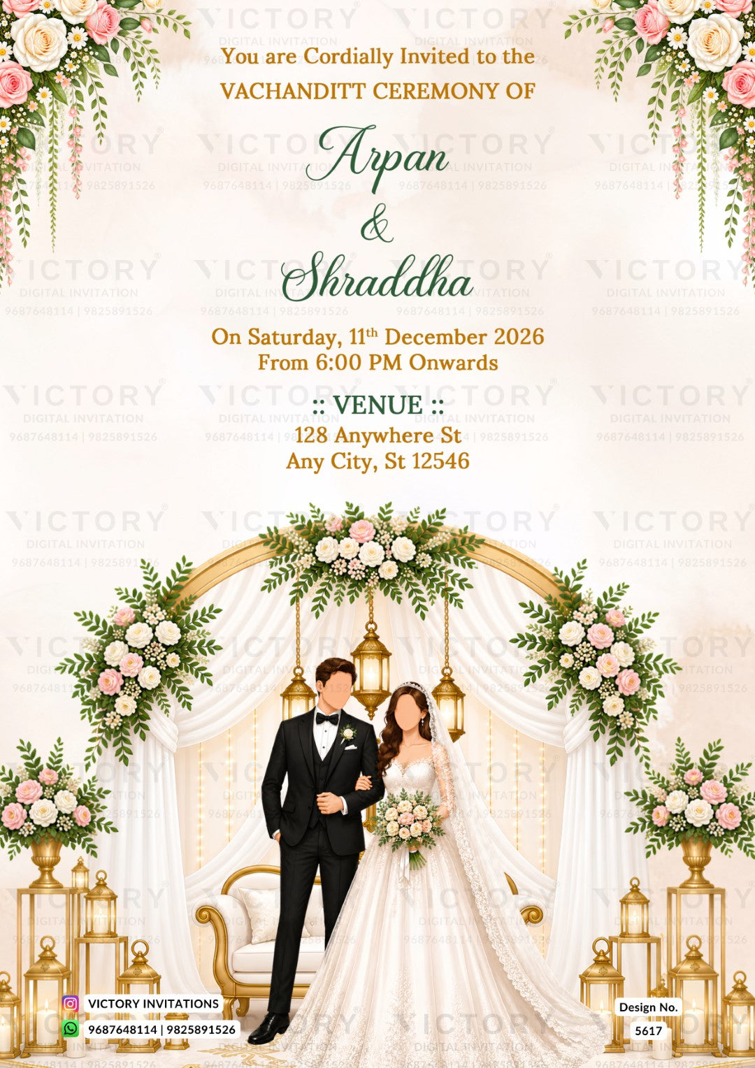 A wedding invitation card design for a Vachanditti ceremony, featuring a cream and gold background with floral decorations, a golden arch, and an illustration of a groom in a black suit and a bride in a white gown standing beneath it. Text details the event date, time, and venue.