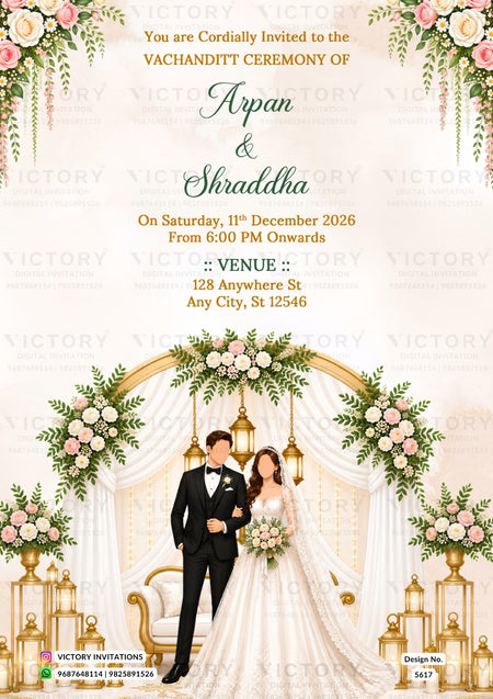 A wedding invitation card design for a Vachanditti ceremony, featuring a cream and gold background with floral decorations, a golden arch, and an illustration of a groom in a black suit and a bride in a white gown standing beneath it. Text details the event date, time, and venue.