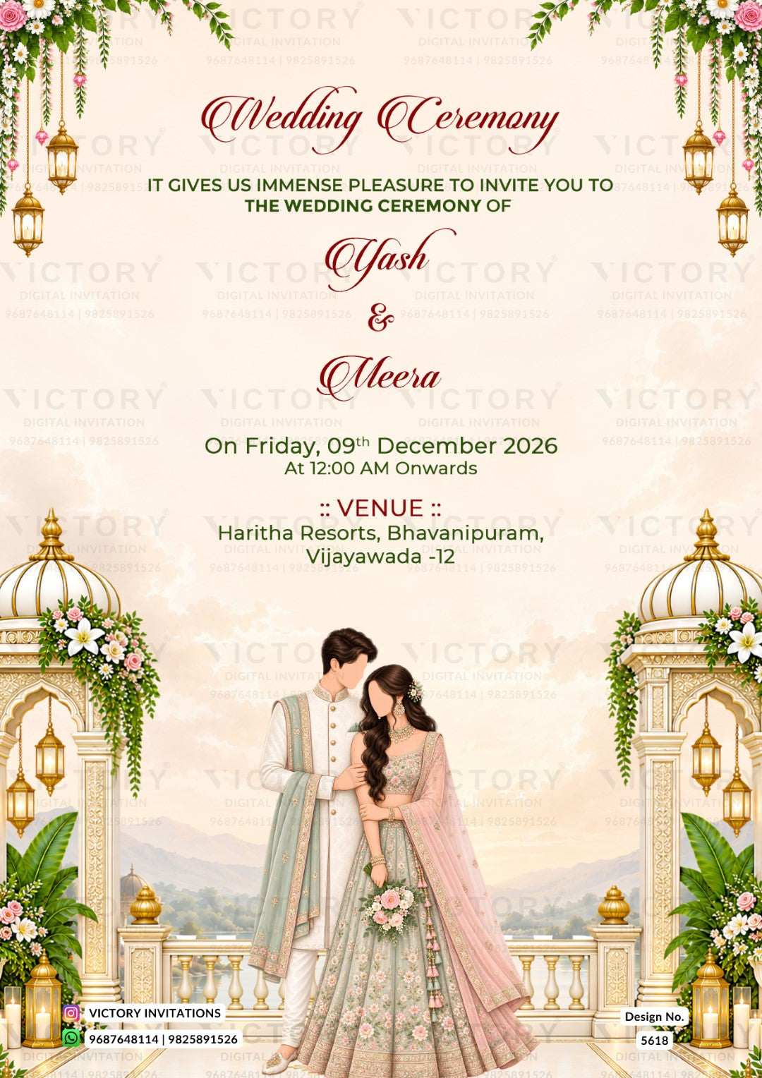 A wedding invitation card design with elegant typography, floral arches, hanging lanterns, and an illustration of a couple in traditional Indian attire. The card is cream-colored with red and black text and features the brand name 'Victory Invitations' at the bottom.