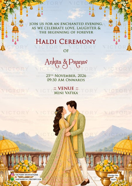 A digital invitation card for a Haldi Ceremony, featuring a traditional Indian illustration of a couple embracing on a balcony with mountains in the background. The text details the event for Ankita & Pranav on 25th November, 2026, at 09:30 AM, held at Mini Vatika.