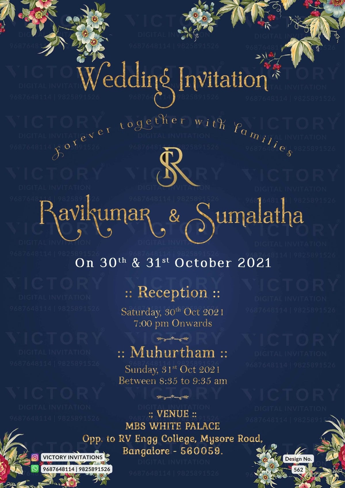 Wedding ceremony invitation card of hindu south indian kannada family in english language with Minimalistic theme design 562
