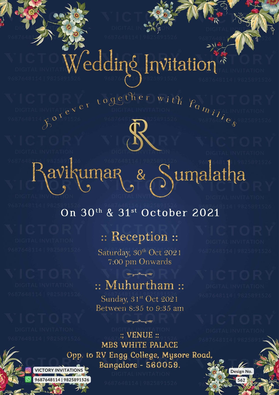 Wedding ceremony invitation card of hindu south indian kannada family in english language with Minimalistic theme design 562