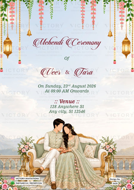 A digital mockup of a traditional Indian Mehndi ceremony invitation card. The design features a light blue sky background with hanging pink flowers, green leaves, and gold lanterns.