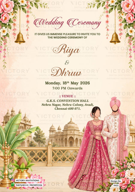 A wedding invitation card design with a traditional Indian theme. The card features a pink and beige background, elegant script text for 'Wedding Ceremony' and the names 'Riya & Dhruv', event details, and an illustration of a bride and groom in traditional wedding attire standing in front of a palace.