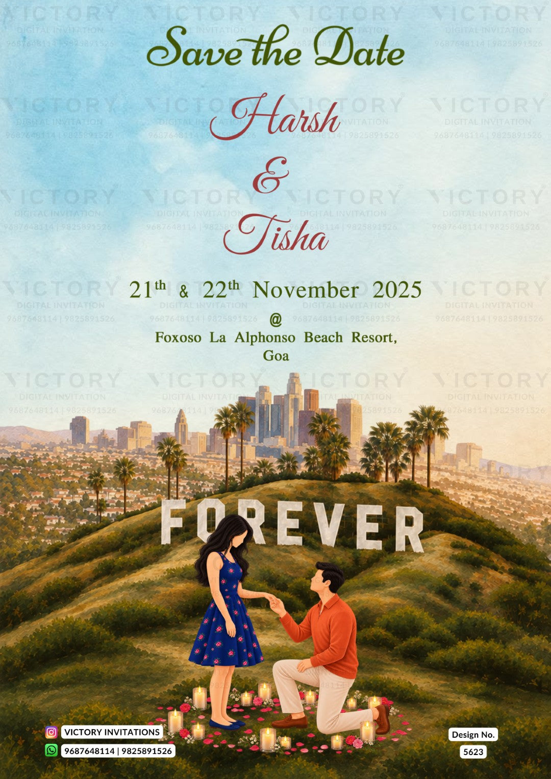 A square 'Save the Date' invitation card featuring a romantic beach resort scene with a couple kneeling on grassy hills in front of a city skyline and palm trees. Large white letters spell 'FOREVER' across the hill.