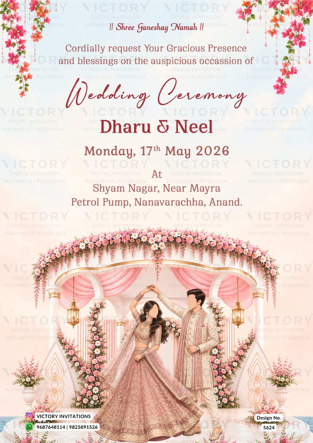 Wedding invitation card design for Dharu & Neel, featuring a pink and white traditional Indian wedding scene with a couple under a floral arch, elegant typography, and decorative corner flowers.