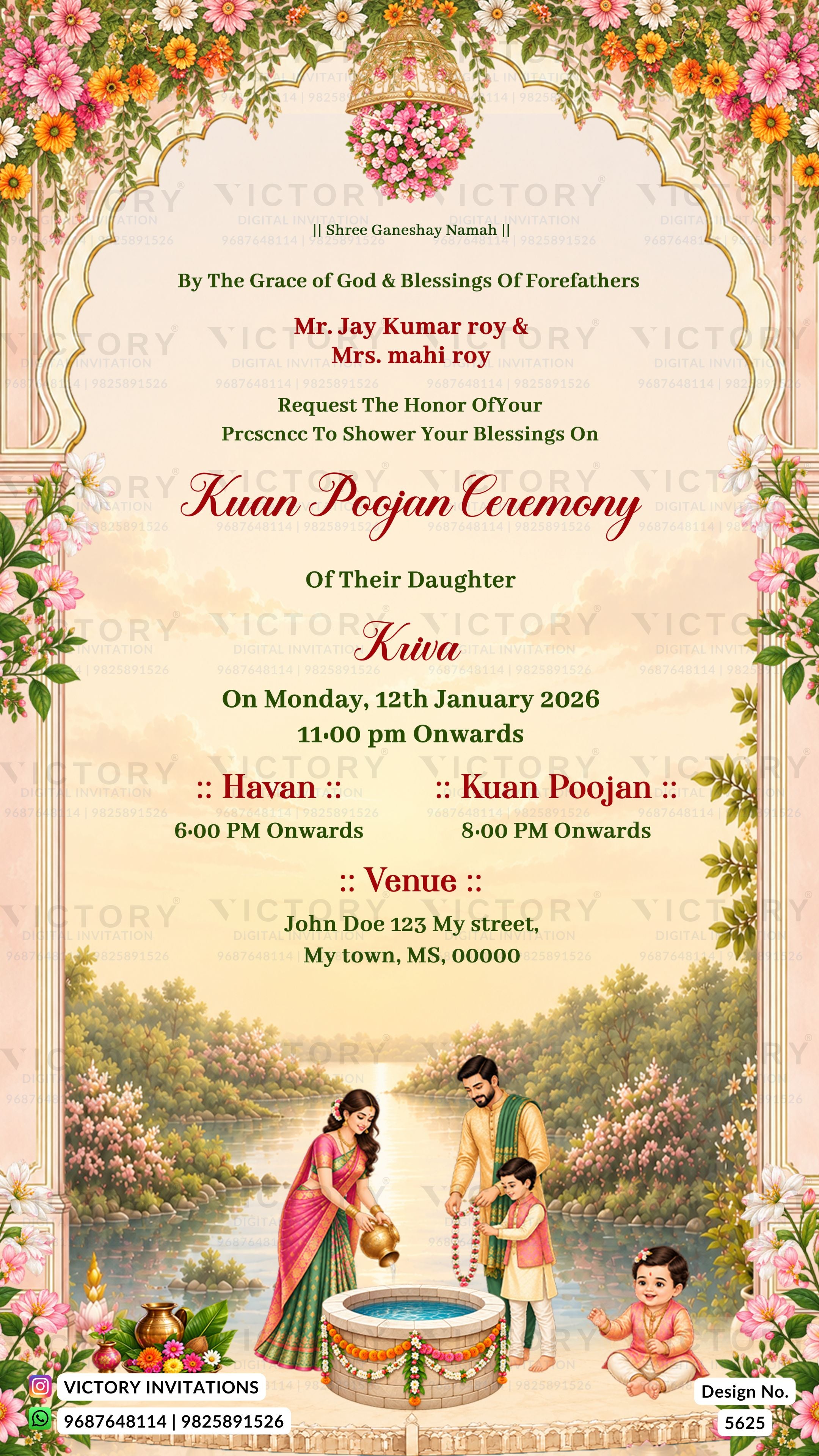 A festive Kuan Poojan Ceremony invitation card featuring a detailed illustration of a Hindu family by a river, surrounded by floral borders and elegant arches. The text details the event for Mr.