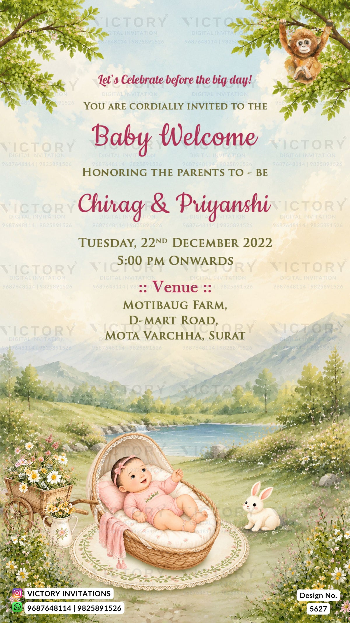 A baby welcome invitation card featuring a scenic landscape illustration of a baby in a wicker basket by a lake, with a rabbit, trees, and mountains in the background. The text details the event for Chirag & Priyanshi on Tuesday, 22nd December 2022 at Motibaug Farm, D-Mart Road, Mota Varchha, Surat.
