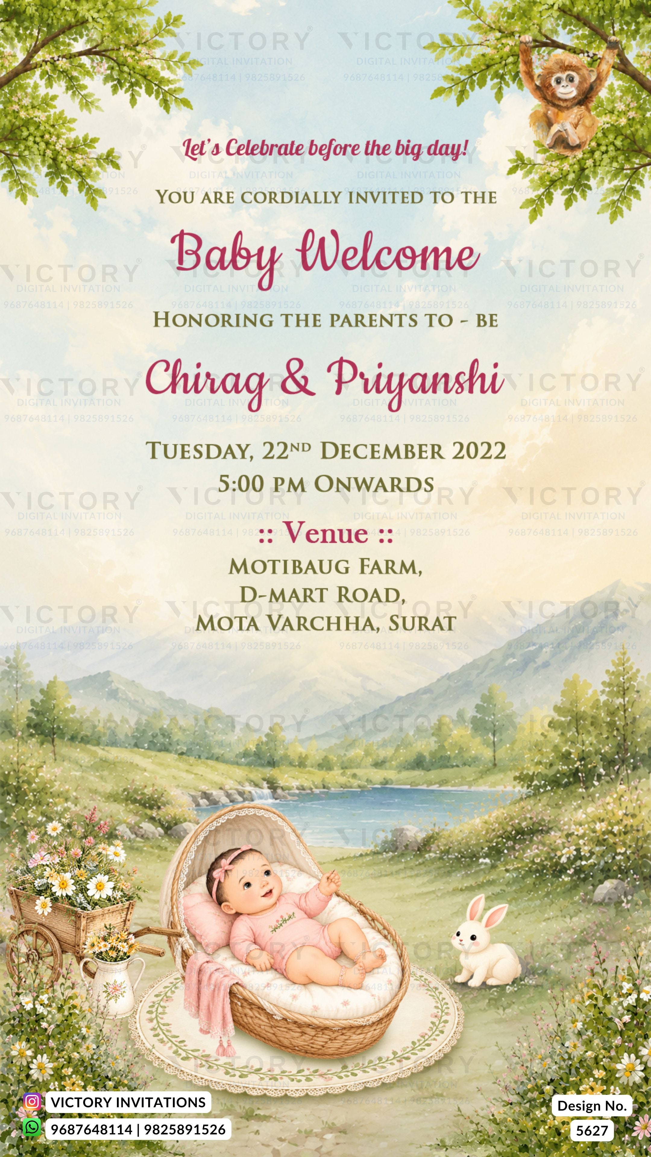 A baby welcome invitation card featuring a scenic landscape illustration of a baby in a wicker basket by a lake, with a rabbit, trees, and mountains in the background. The text details the event for Chirag & Priyanshi on Tuesday, 22nd December 2022 at Motibaug Farm, D-Mart Road, Mota Varchha, Surat.