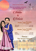 Romantic couple caricature invitation card for wedding ceremony of hindu rajasthani royal family in english language with temple theme design 563