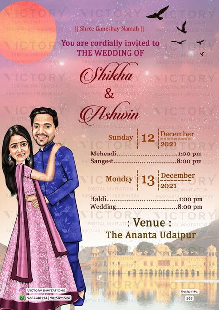 Romantic couple caricature invitation card for wedding ceremony of hindu rajasthani royal family in english language with temple theme design 563