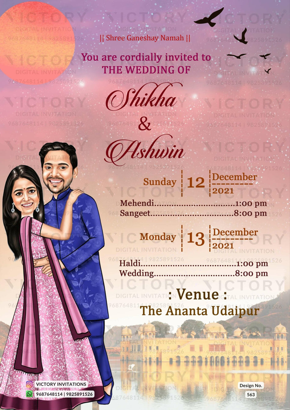 Romantic couple caricature invitation card for wedding ceremony of hindu rajasthani royal family in english language with temple theme design 563
