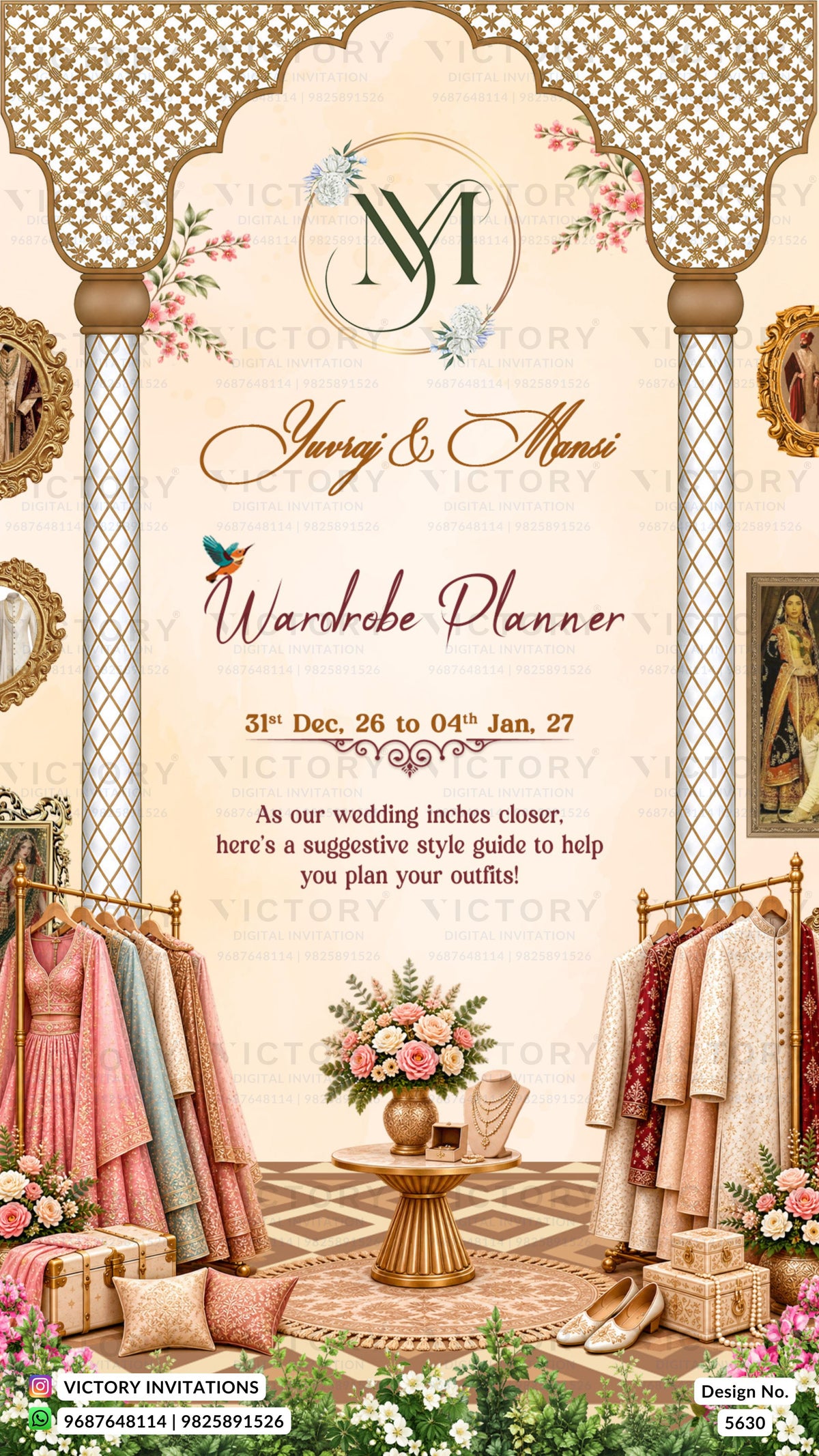 A wedding wardrobe planner invitation card featuring an ornate traditional Indian design with gold arches, floral accents, and clothing racks displaying pink, peach, and beige garments. The central text reads 'Shreya & Manasi Wardrobe Planner' with wedding dates from Dec 26 to Jan 27.