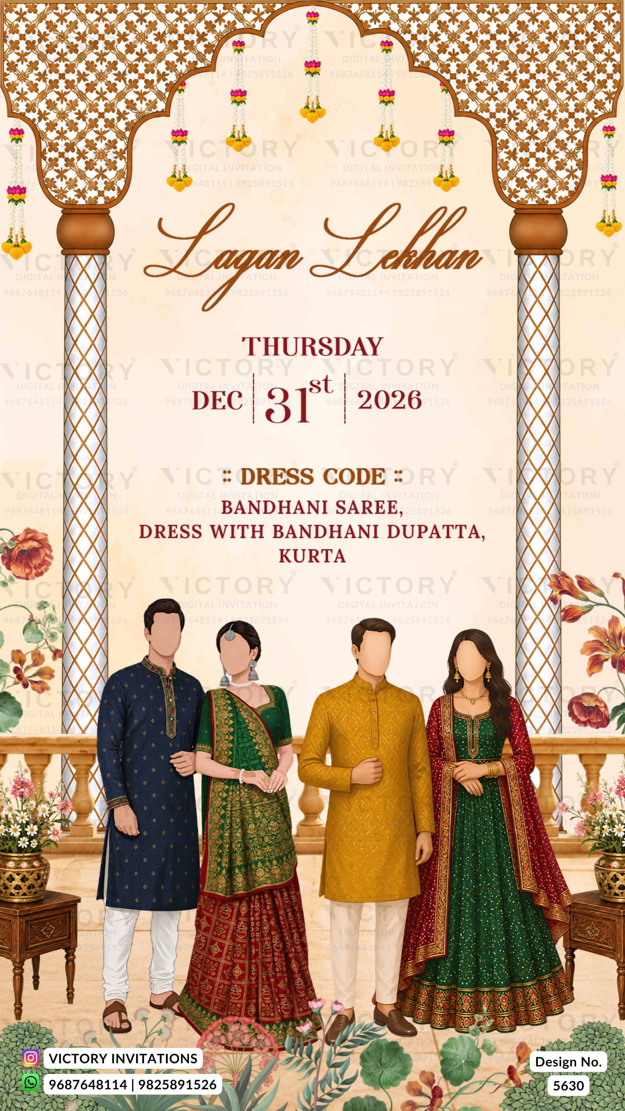 A festive Lagan Lehlan invitation card design with ornate arch illustrations, floral details, and text reading 'Thursday Dec 31st 2026' and 'Dress Code: Bandhani Saree, Bandhani Dupatta, Kurta.' Four stylized figures in traditional Indian clothing stand at the bottom against a decorated interior scene.