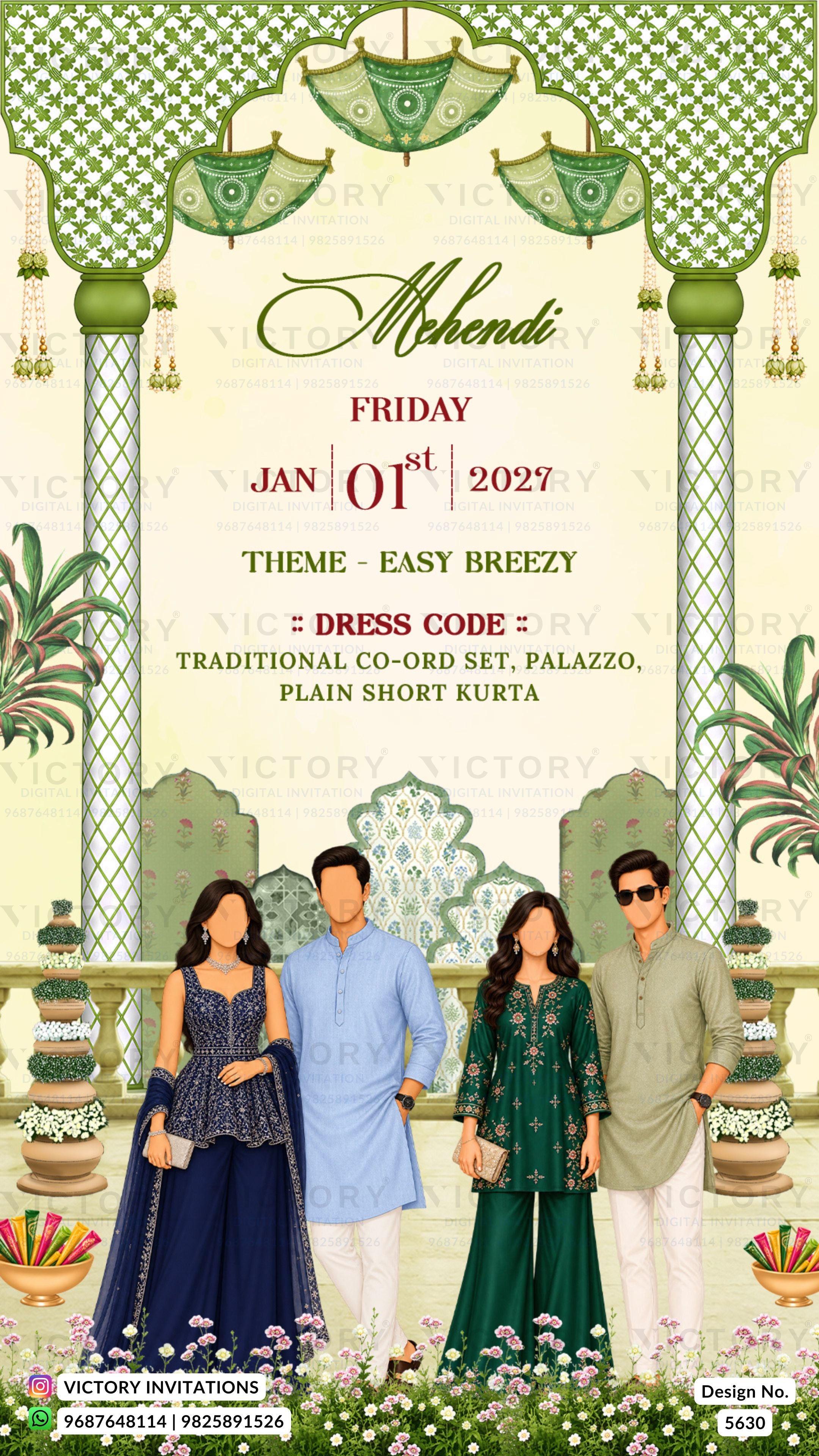 A digital invitation card for a Mehndi wedding, featuring traditional Indian architectural arches and pillars in green and cream. The text details the event on Friday, Jan 01, 2027, at 11 AM, with a dress code of traditional co-ord sets.