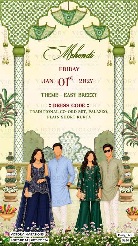 A digital invitation card for a Mehndi wedding, featuring traditional Indian architectural arches and pillars in green and cream. The text details the event on Friday, Jan 01, 2027, at 11 AM, with a dress code of traditional co-ord sets.