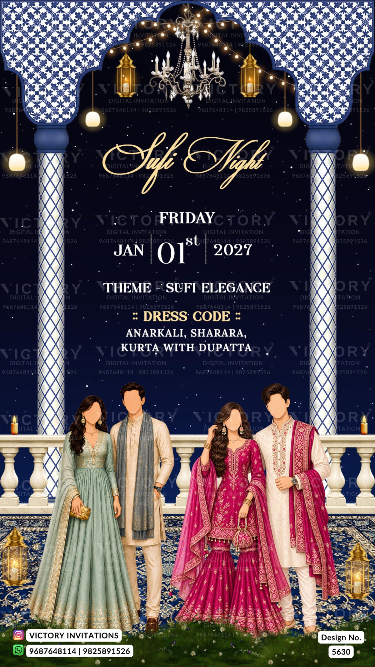 A digital invitation card for a Sufi Elegance wedding, featuring a dark navy blue background with intricate blue and white geometric tile patterns, hanging lanterns, and a chandelier. The text details the event date (Friday, Jan 01st 2027), theme, and dress code.