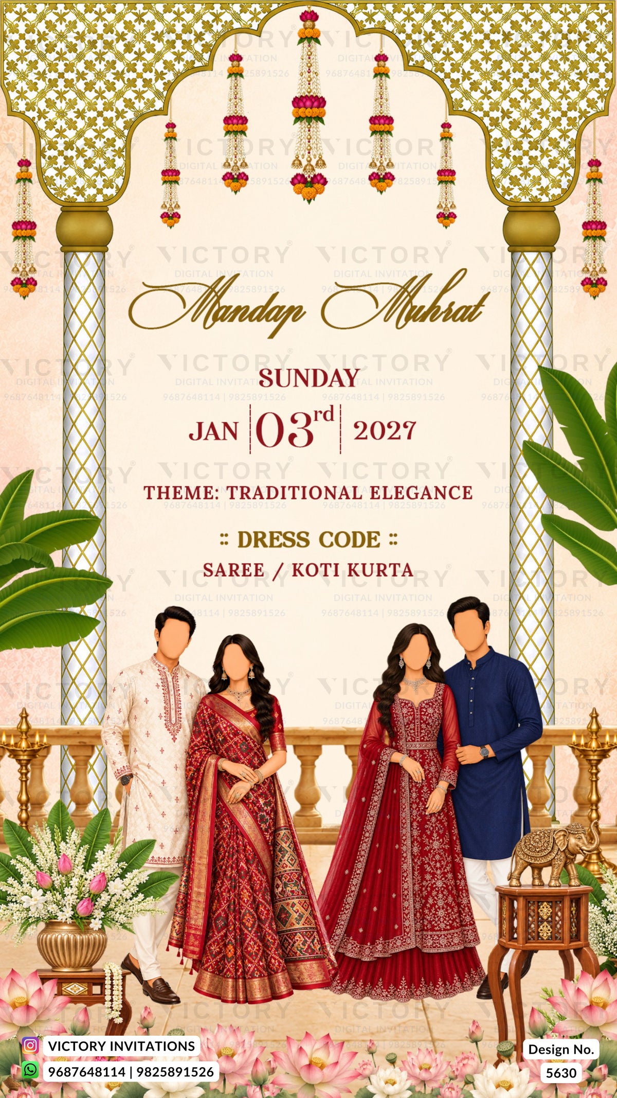 A festive wedding invitation card design for a Mandayakhat event on Sunday, Jan 03, 2027. The card features a traditional Indian theme with an ornate archway, hanging marigold garlands, and illustrations of a man and two women in traditional Indian attire (sari and koti kurta) standing in front of a decorated stage.
