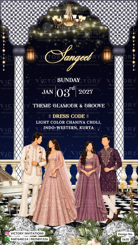 A digital invitation card design for a Sangeet event, featuring a dark navy blue background with gold arches, hanging chandeliers, and a black-and-white patterned top border. The text reads 'Sangeet', 'SUNDAY', 'JAN 03rd 2027', and 'Theme: Glamour & Groove' with a dress code.