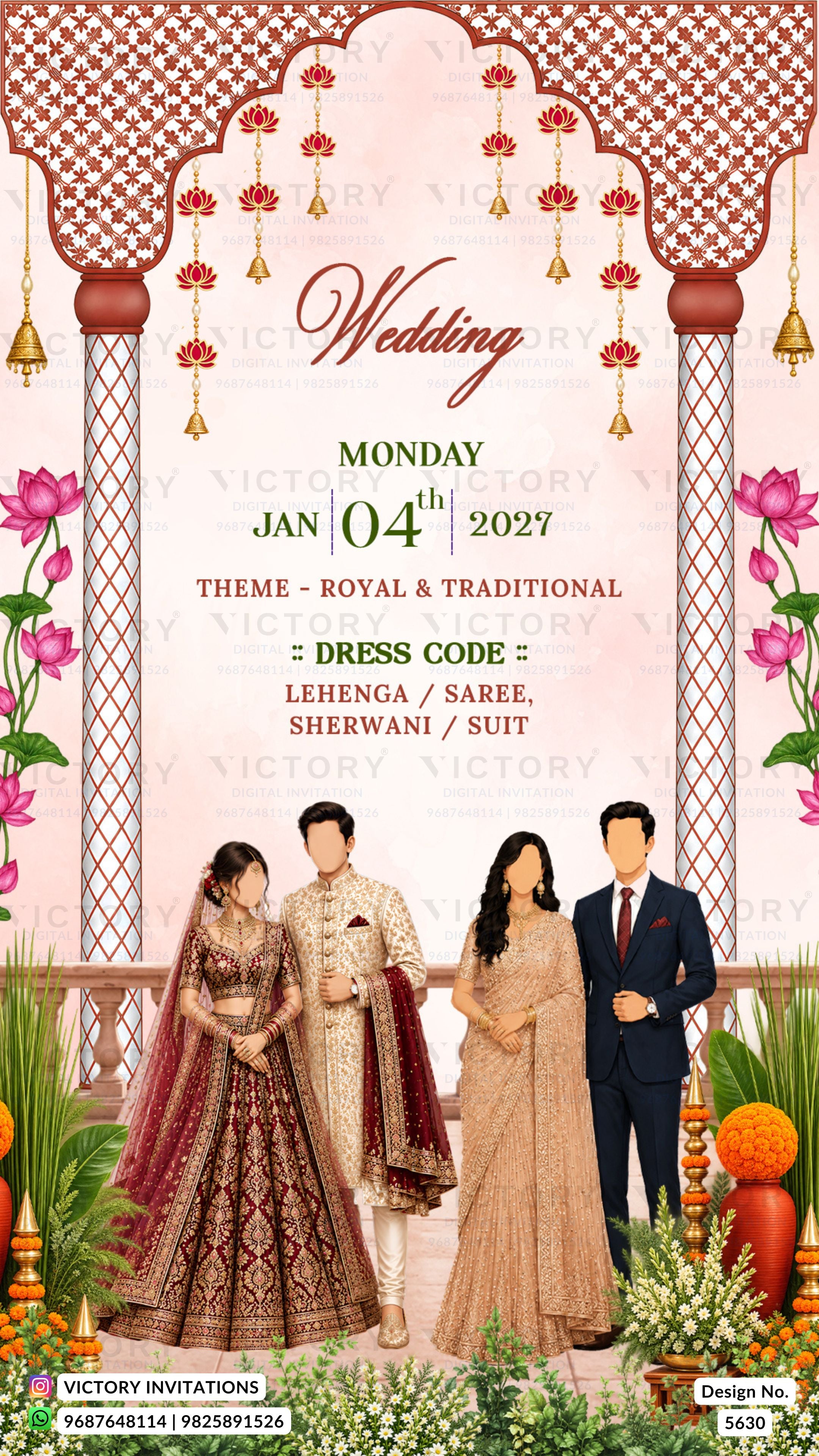 Traditional Indian wedding invitation card design featuring an ornate archway illustration at the top, event details in the center, and four illustrated couples standing in front at the bottom in traditional and western formal wear.