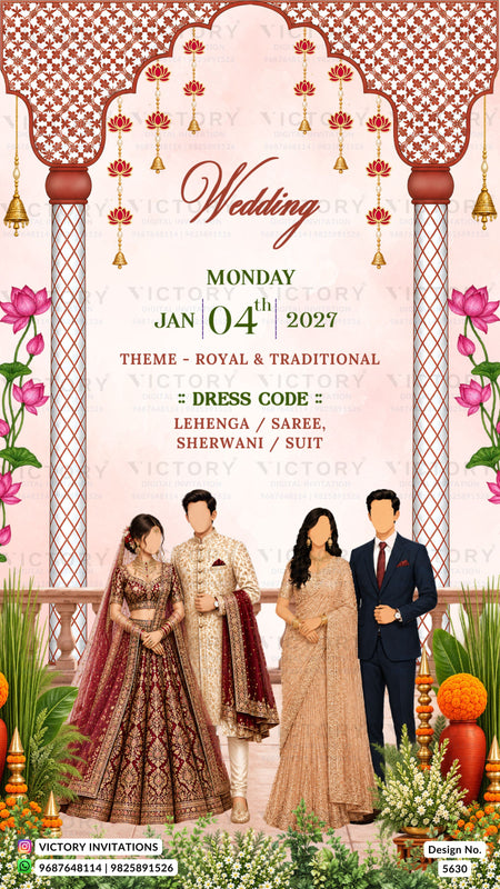Traditional Indian wedding invitation card design featuring an ornate archway illustration at the top, event details in the center, and four illustrated couples standing in front at the bottom in traditional and western formal wear.