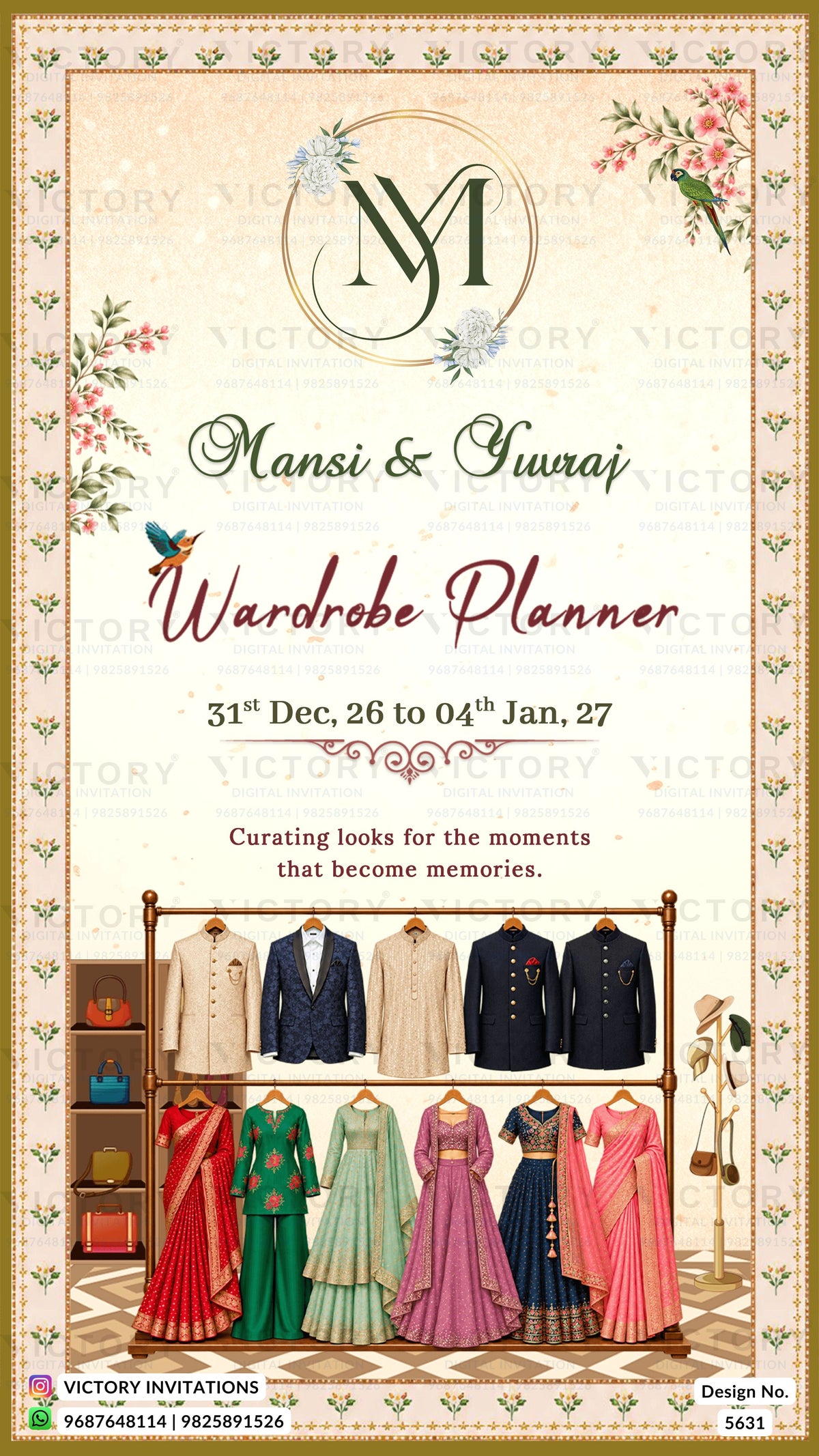 A wedding invitation card for 'Mansi & Suvar' Wardrobe Planner, featuring a cream-colored background with floral borders, a monogram logo, and a detailed illustration of a clothing rack displaying traditional Indian outfits in various colors.