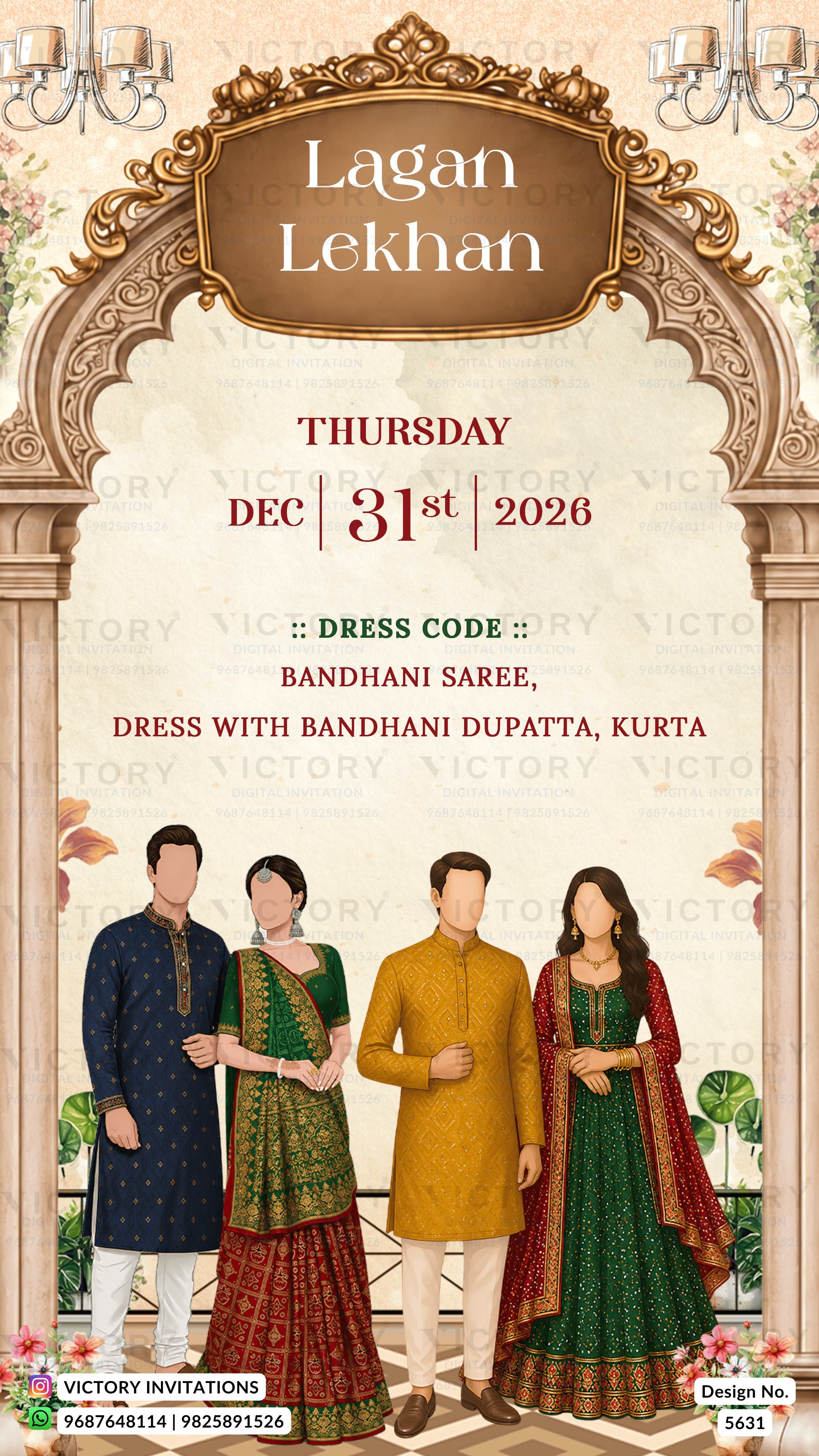 A digital Indian wedding invitation card design for 'Lagan Lekhan' dated Thursday Dec 31st 2026. The card features an ornate golden archway at the top, elegant chandeliers, and a cream-colored background.