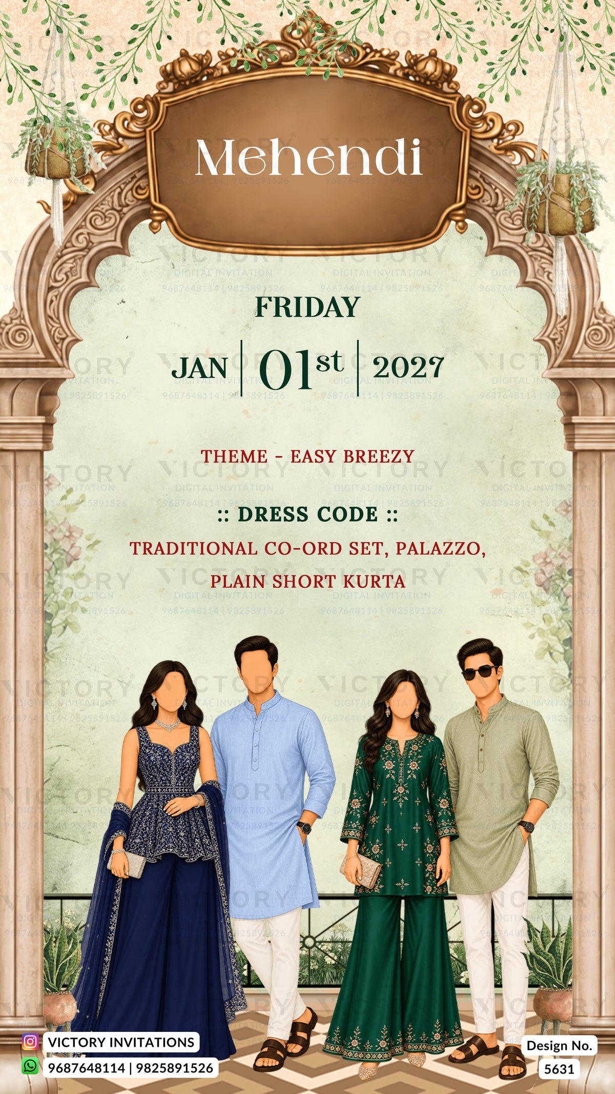 A digital invitation template for a 'Mehndi' wedding, featuring four models showcasing traditional Indian co-ord sets (blue, light blue, green, and beige) in front of an ornate archway design with floral details.