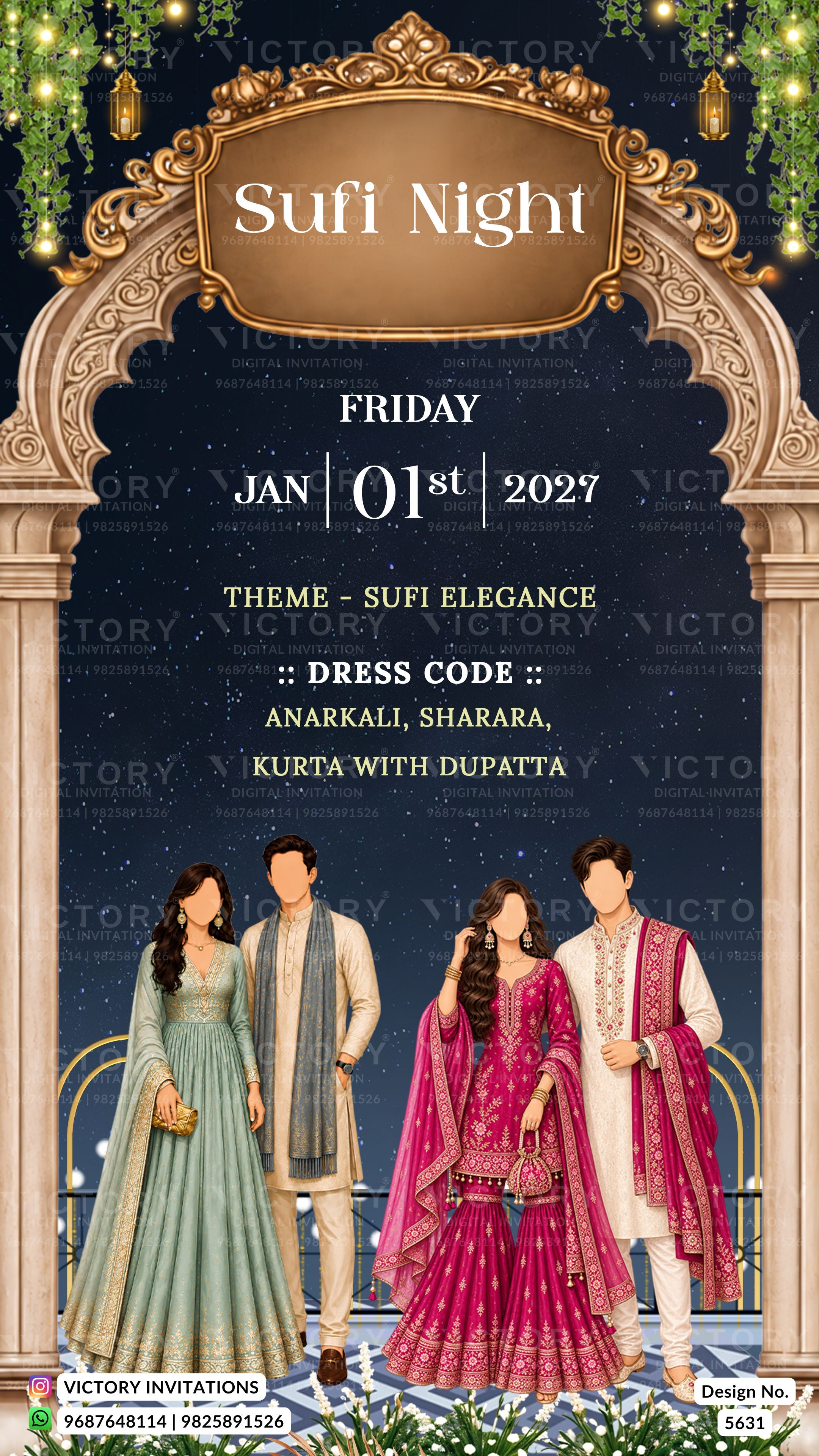 A digital invitation card for a Sufi Night event on Friday, Jan 01st 2027, featuring an ornate golden archway design, a dark blue starry night sky background, and illustrations of four couples in traditional South Asian attire.