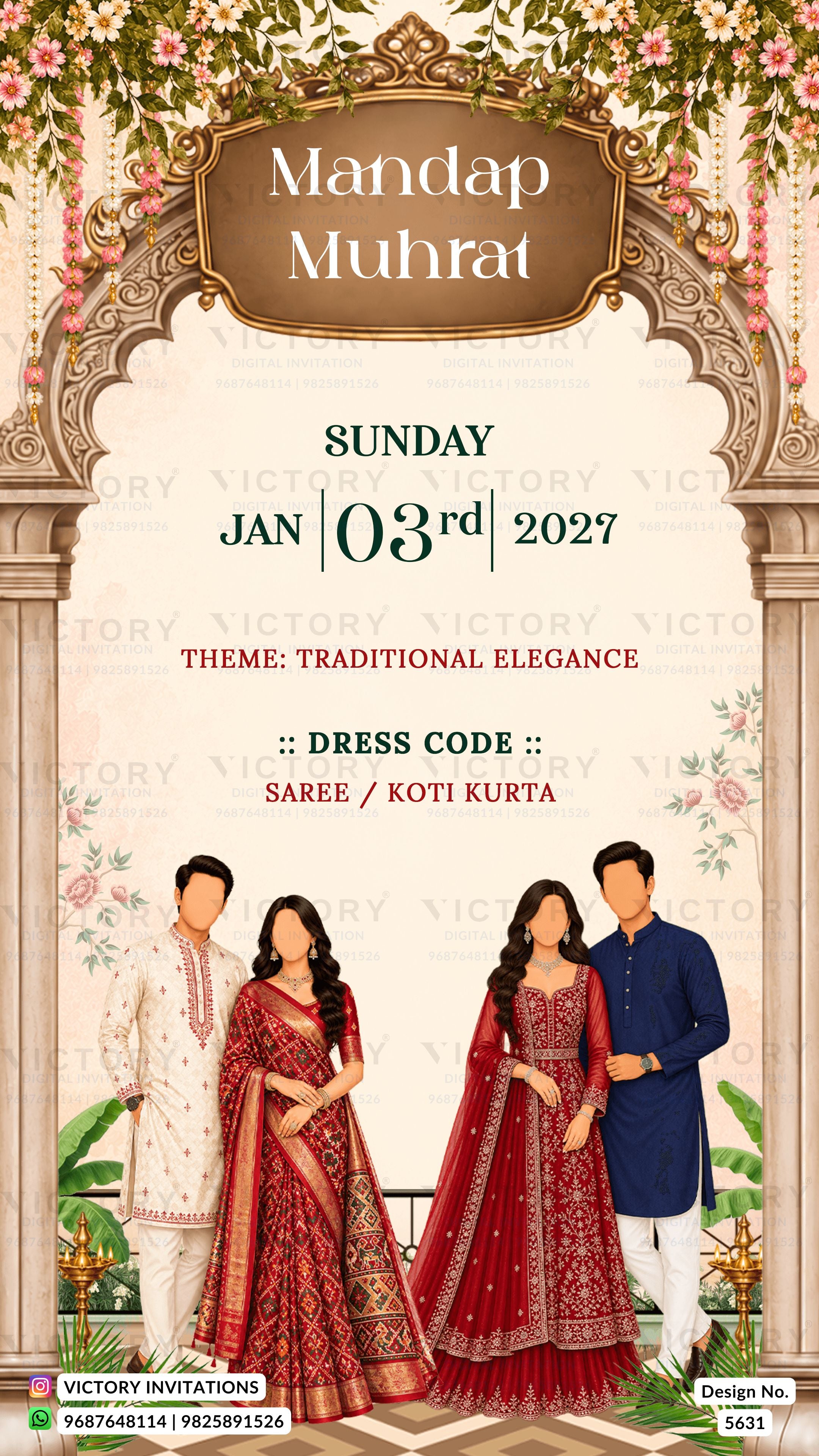 A festive Mandap Muhrat invitation card design with ornate arch illustrations, floral borders, and text reading 'Sunday Jan 03rd 2027' and 'Theme: Traditional Elegance.' The card includes illustrated figures in traditional Indian attire and a visible Victory Invitations watermark/logo.