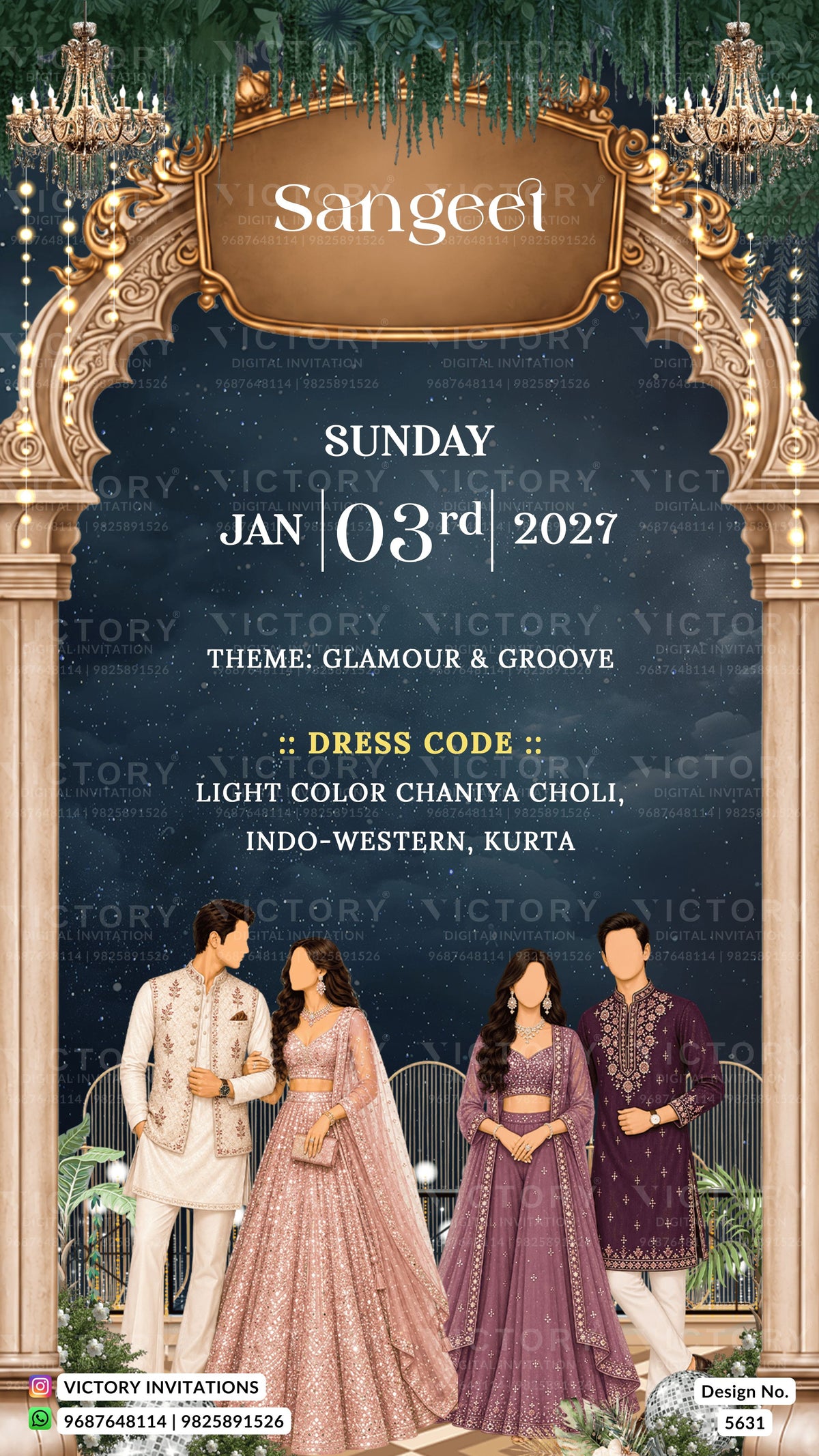 A digital wedding invitation template featuring an ornate golden archway and chandeliers, with text detailing a Sunday January 03rd 2027 event. The bottom displays illustrations of four couples in traditional Indian attire (chaniya, kurta, and sherwani) in pink, purple, and white.